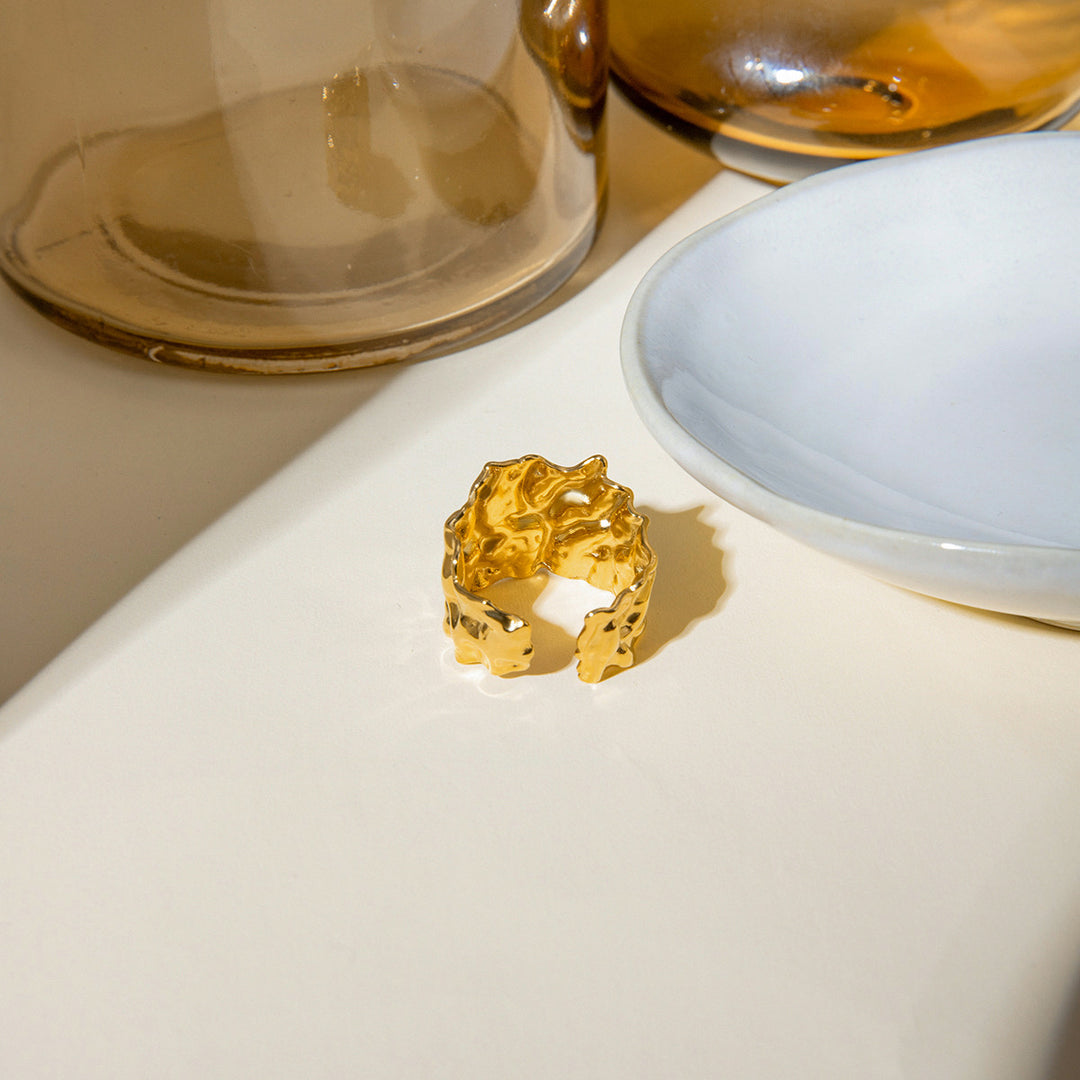Iki Hammered Waterproof Gold Plated Open Ring