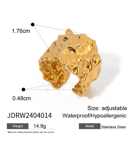 Iki Hammered Waterproof Gold Plated Open Ring