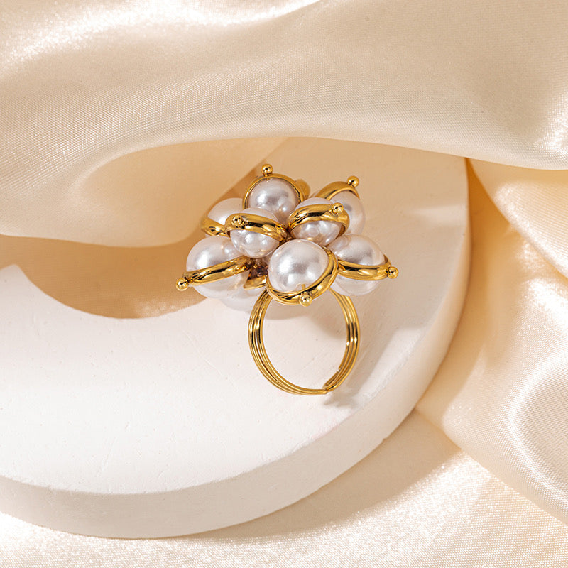 Classic Pearl Floral Gold Plated Waterproof Adjustable Ring