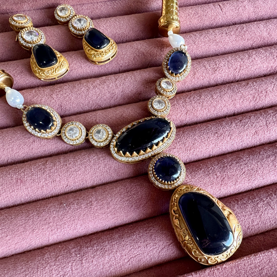 Aaliya Antique Navy Kundan Hasli Set