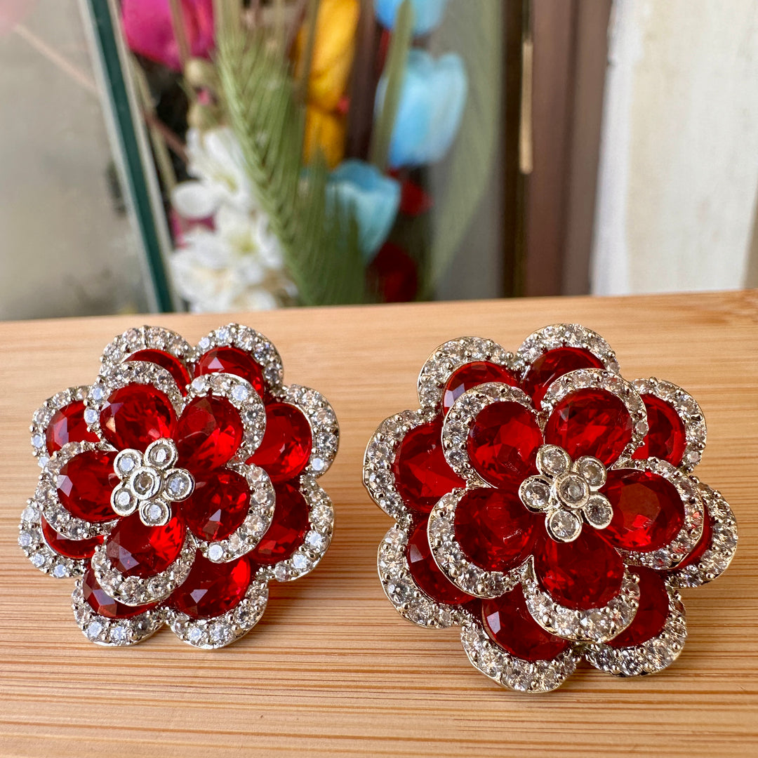 Red Floral Revolving Ad Stone Earrings