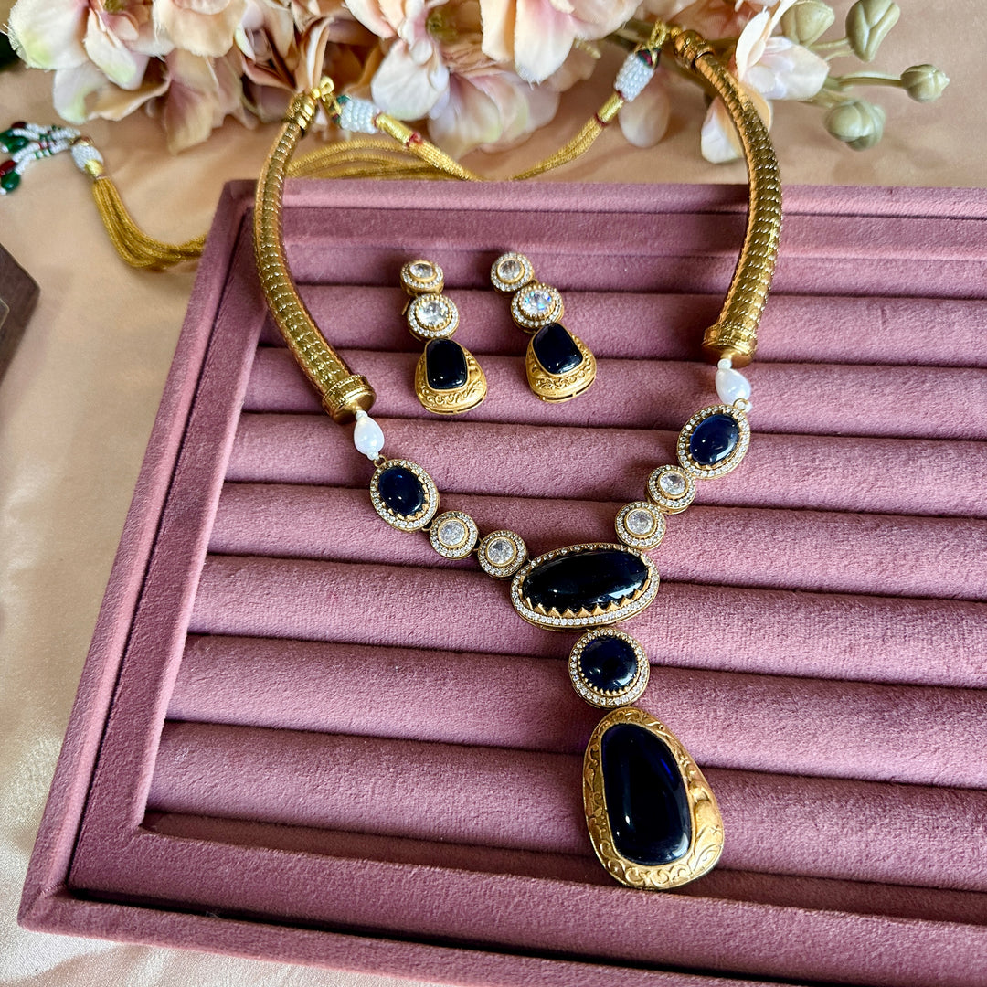 Aaliya Antique Navy Kundan Hasli Set