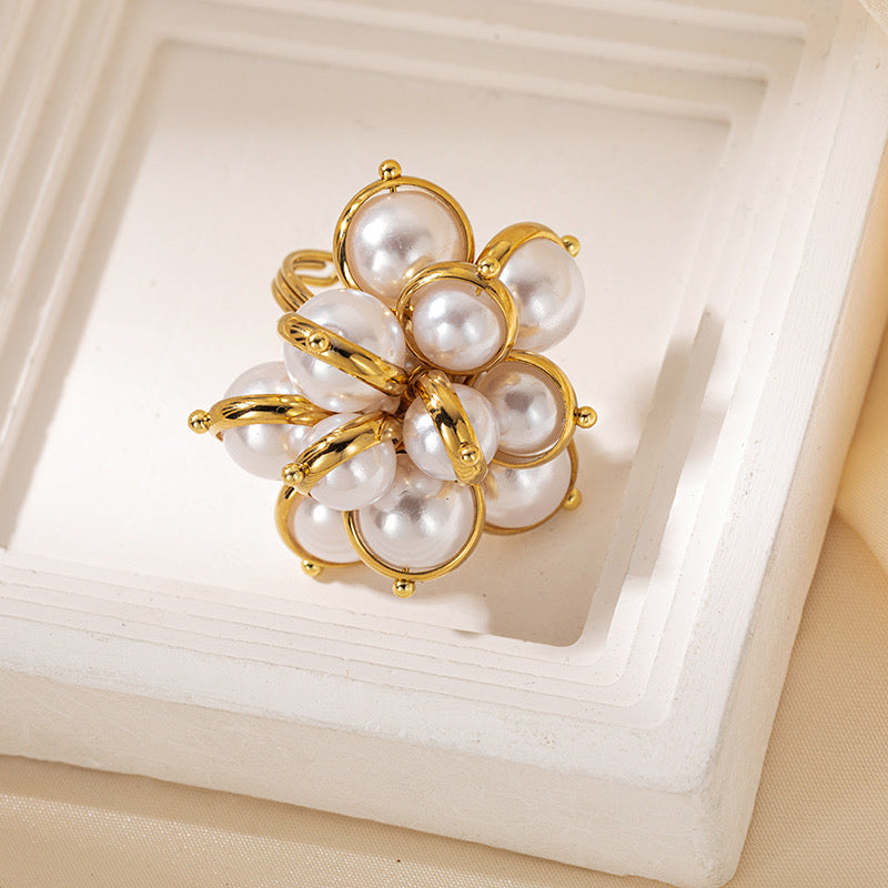 Classic Pearl Floral Gold Plated Waterproof Adjustable Ring