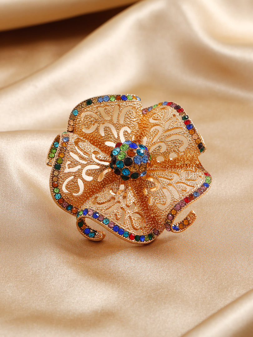 Multi Zircon Luxe Big Gold Plated Adjustable Statement Ring