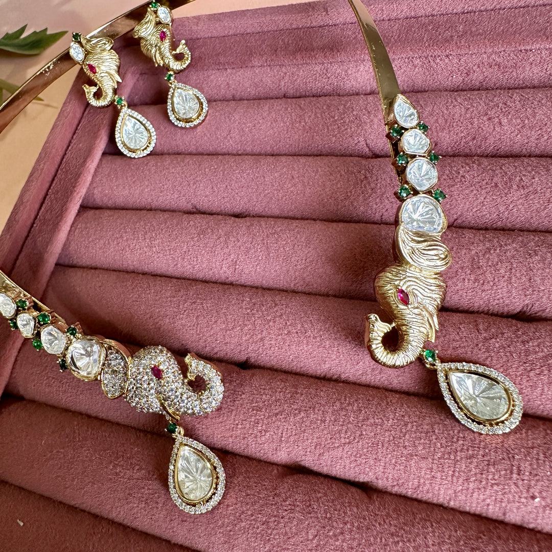 Aastha Fusion Mossionite Kundan Hasli Set