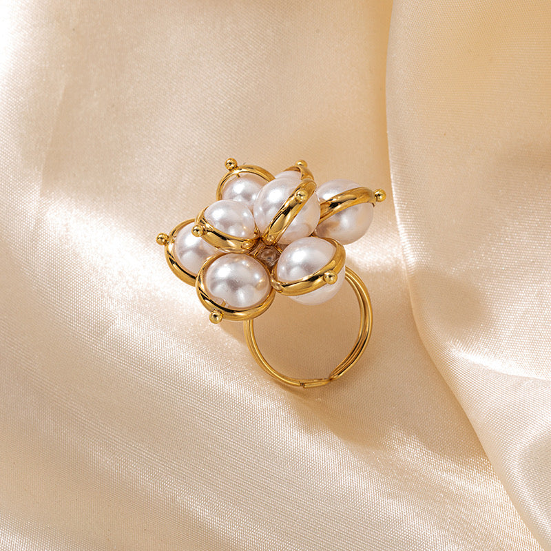 Classic Pearl Floral Gold Plated Waterproof Adjustable Ring