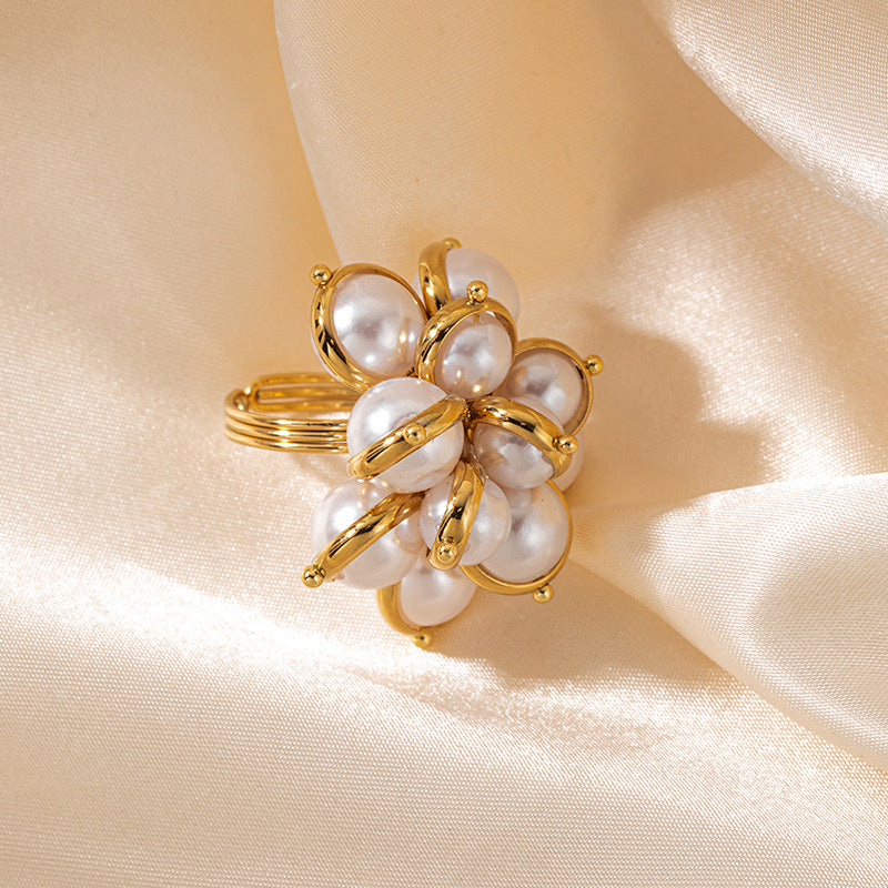 Classic Pearl Floral Gold Plated Waterproof Adjustable Ring