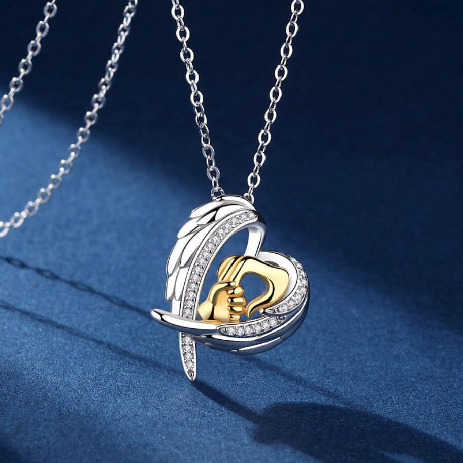 Mother Baby Hand Holding Heart Zircon Pendant Chain