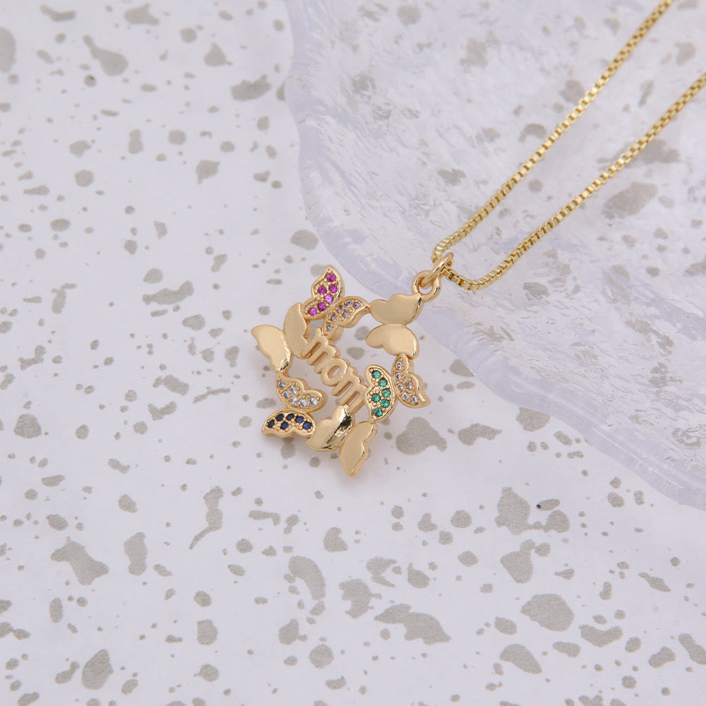 Classic Butterfly 18k Gold Plated Mom Zircon Pendant Chain